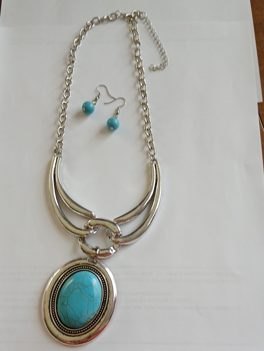 Paparazzi-Silver Necklace with Turquoise Stone Pendant and Earrings